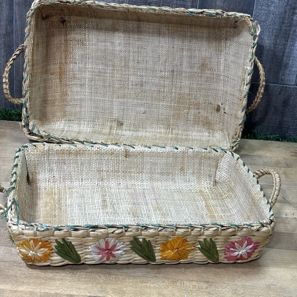 Vintage 60s 70s Raffia Floral Nesting Baskets Set 3 Boho Decor AS IS